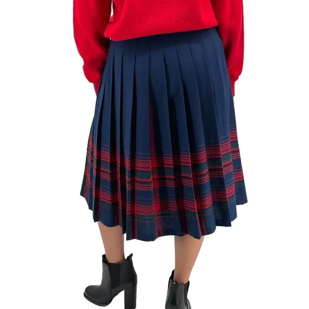 Vintage Pendleton Wool Skirt Pleated Accordion Midi Length Navy Red Plaid | 6 P